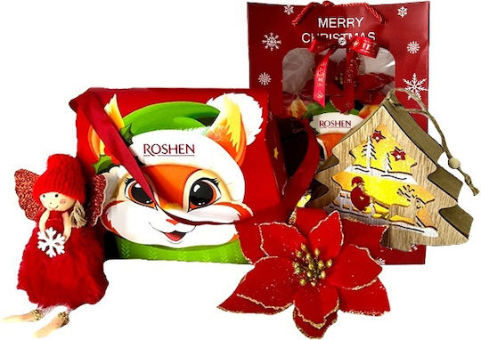 Pachet De Crăciun Geantă Cutie Dulciuri Roshen Figurină Luminoasă Din Lemn În Formă De Brad De Crăciun Înger De Plus Floare Decorativă În Cutie Cadou Roșie
