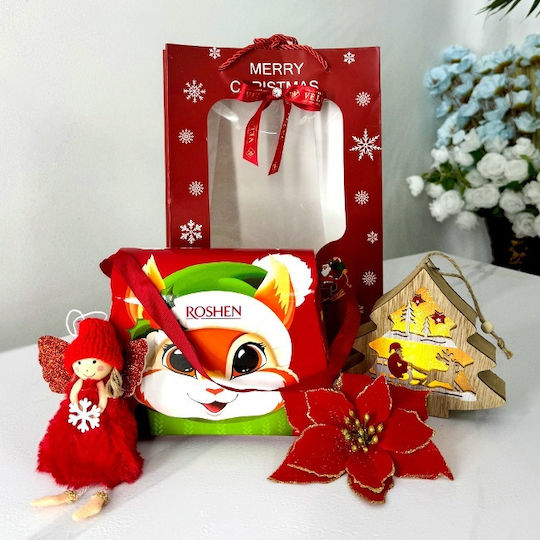 Pachet De Crăciun Geantă Cutie Dulciuri Roshen Figurină Luminoasă Din Lemn În Formă De Brad De Crăciun Înger De Plus Floare Decorativă În Cutie Cadou Roșie