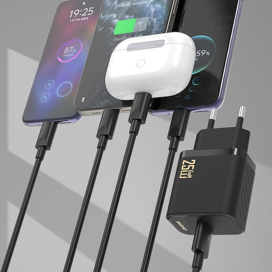 Dudao Φορτιστής GaN με Θύρα USB-A και Καλώδιο USB-C 25W Power Delivery Μαύρος (A27STEU)