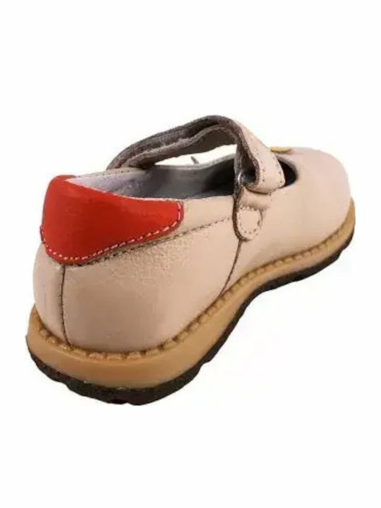 Kids Leather Ballerinas with Hoop & Loop Closure Beige