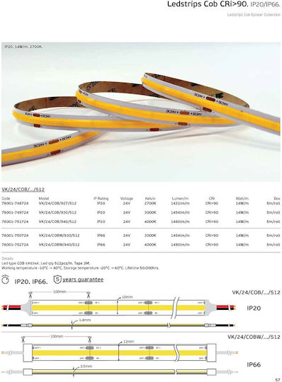 VK Lighting LED Strip 24V Natural White Light 5m Type COB