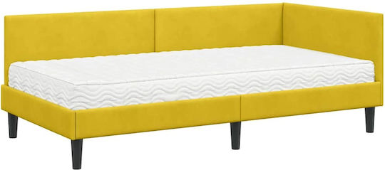 Pat Single Tapitat cu Catifea Galbenă cu Plăci și Saltea 80x200cm