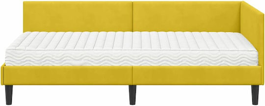 Pat Single Tapitat cu Catifea Galbenă cu Plăci și Saltea 80x200cm