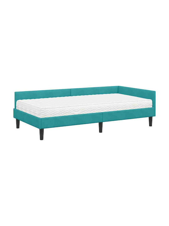 Pat Single Tapitat Cu Catifea Turcoaz Cu Plăci Și Saltea 94x190cm