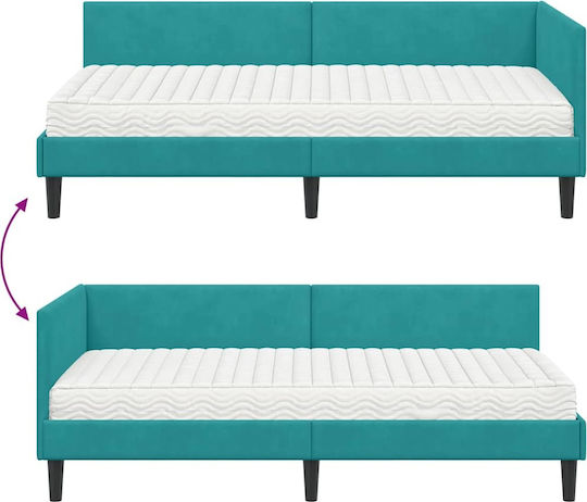 Saltea Pat Single Tapițată cu Catifea Turcoaz cu Plăci și Saltea 94x200cm