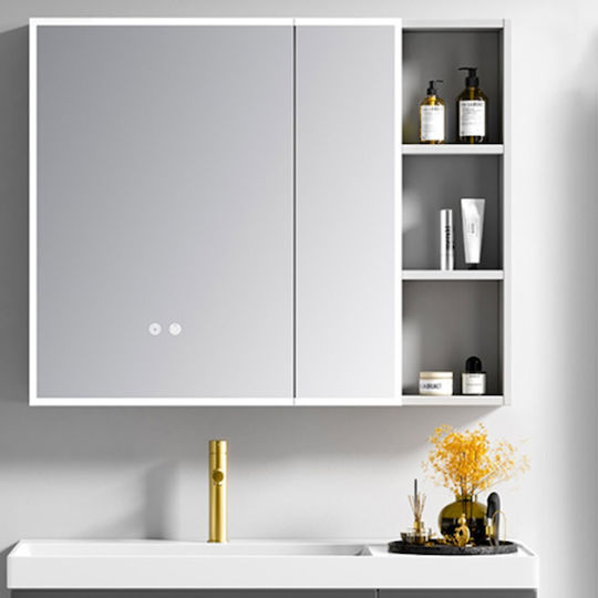 Martin Oglindă de Baie Lumini LED cu Raft & Dulap 100x68cm Alb