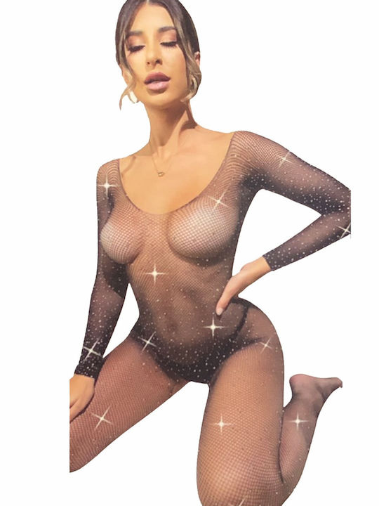 Oemen Oleno Bodystocking Gittermuster mit Offenem Schritt Schwarz