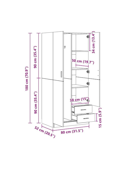 Double Door Wardrobe Grey Concrete Grey 80x52x180cm