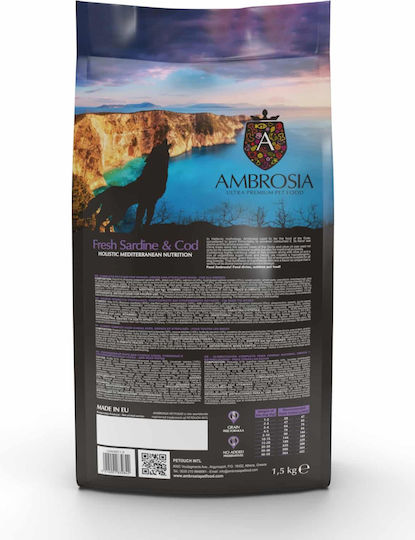 Ambrosia Fresh Sardine & Cod 5kg Ξηρά Τροφή χωρίς Σιτηρά για Ηλικιωμένους Στειρωμένους Σκύλους με Ψάρια