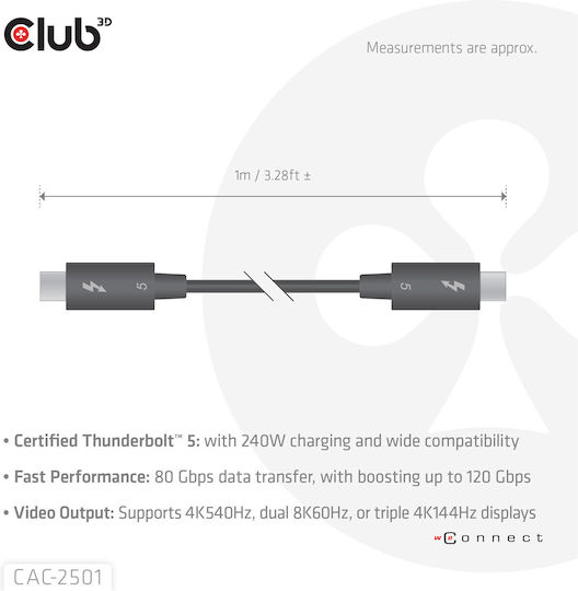 Club-3d Cable Thunderbolt 5 Male To Male 8k240hz Data 80/120 Gbps Epr 240 Watt 1m Black Cac-2501