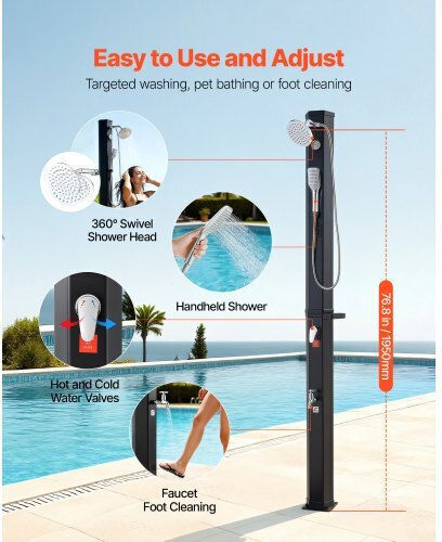 Vevor Duș Piscină Solar cu Înălțime 205 cm Negru