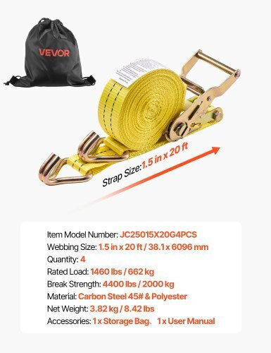 Vevor Ιμάντας Αποσκευών Αυτοκινήτου 3.81x3.81cm με Καστάνια Γκρι 4τμχ