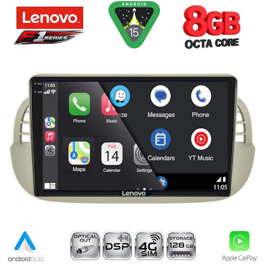 Lenovo Ηχοσύστημα Αυτοκινήτου για Fiat 500 2007-2015 (Bluetooth/USB/WiFi/GPS/Apple-Carplay/Android-Auto) με Οθόνη Αφής 9"