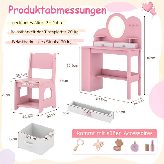 Costway Makeup Table Set Girls Lighting & Mirror Pink Princess Table Chair 2 Drawers Tp10446pi