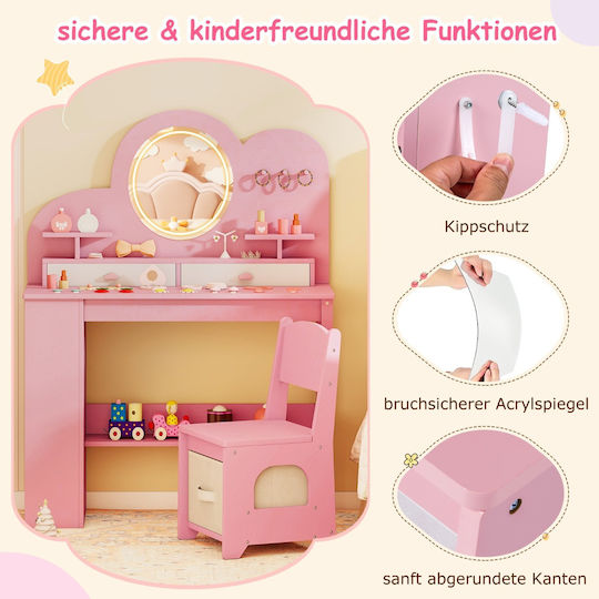 Costway Makeup Table Set Girls Lighting & Mirror Pink Princess Table Chair 2 Drawers Tp10446pi