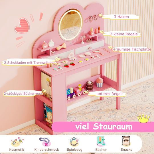 Costway Makeup Table Set Girls Lighting & Mirror Pink Princess Table Chair 2 Drawers Tp10446pi