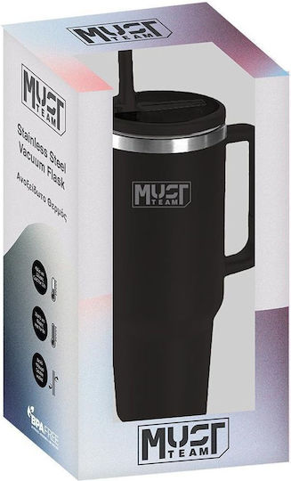 Must Team Glass Thermos Stainless Steel 1.2lt Black with Straw