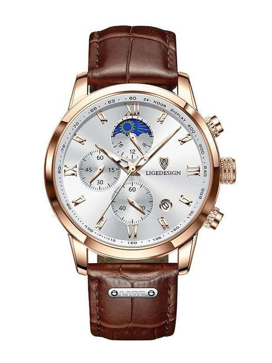 Lige Herrenuhr 42mm Batterie mit Braun Lederarmband