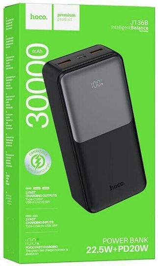 Hoco J136B Power Bank 30000mAh 22.5W με 2 Θύρες USB-A και 2 Θύρες USB-C Power Delivery Μαύρο