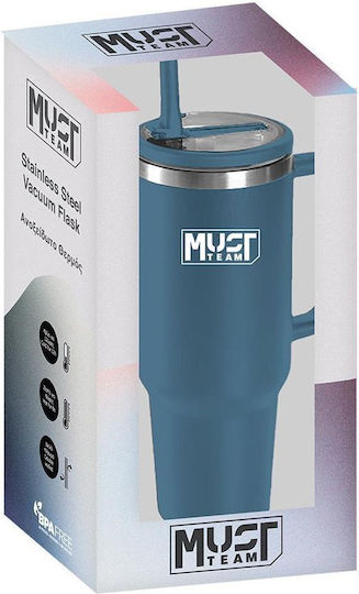 Must Team Glass Thermos Stainless Steel 900ml Blue with Straw