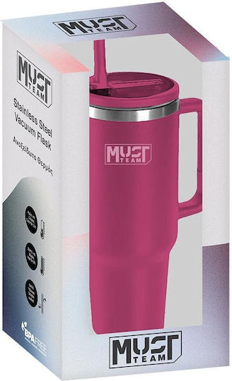 Must Team Glass Thermos Stainless Steel 1.2lt Maroon with Straw