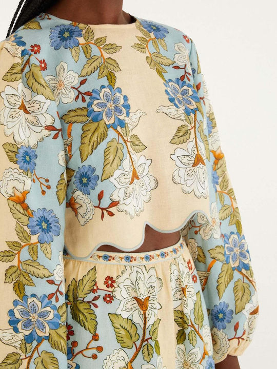Γυναικείο Καλοκαιρινό Crop Top Λινό Μακρυμάνικο Floral Garden Scarf Blue
