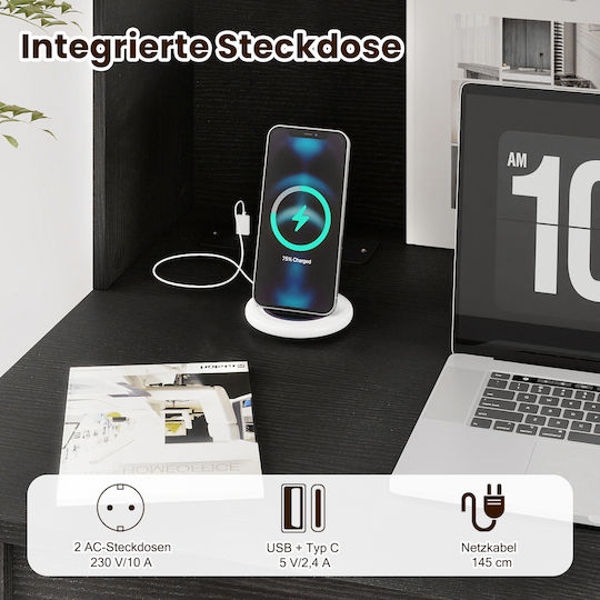 Desk Wooden Black with USB ports 108x60x125cm
