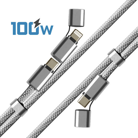 Akashi 3 В 1 Necklace 100w Usb-c Към Usb-c Lightning Кабел Сребрист