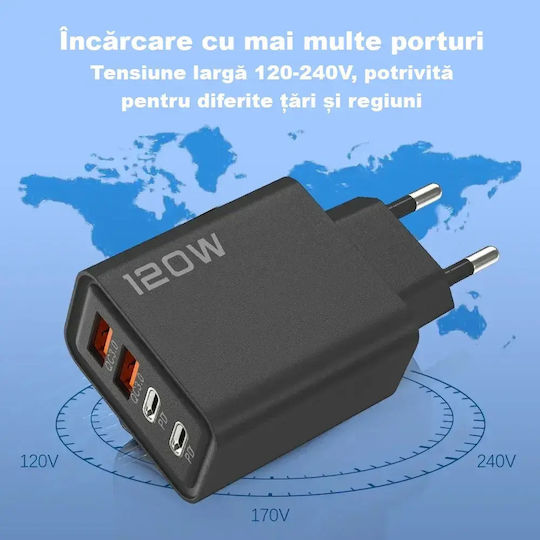 Încărcător Fără Cablu cu 2 Porturi USB-A și 2 Porturi USB-C 120W Livrarea energiei / Quick Charge 3.0 Negruς