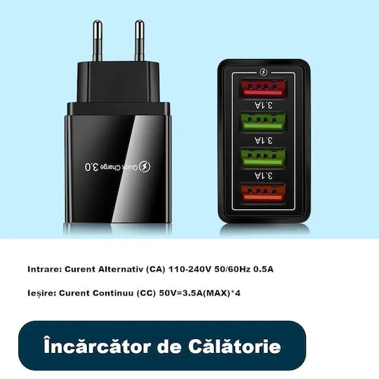 Încărcător Fără Cablu cu 4 Porturi USB-A 20W Livrarea energiei / Quick Charge 3.0 Negruς