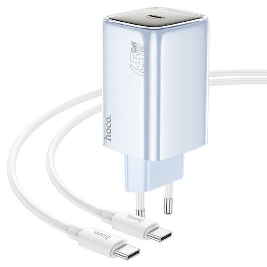 Hoco Φορτιστής GaN με Θύρα USB-C και Καλώδιο USB-C - USB-C 65W Power Delivery Μπλε (N48)
