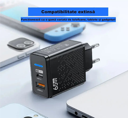 Încărcător Fără Cablu GaN cu Port USB-A și Port USB-C 65W Livrarea energiei / Quick Charge 3.0 Negruς