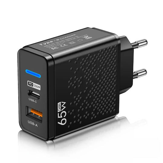 Încărcător Fără Cablu GaN cu Port USB-A și Port USB-C 65W Livrarea energiei / Quick Charge 3.0 Negruς