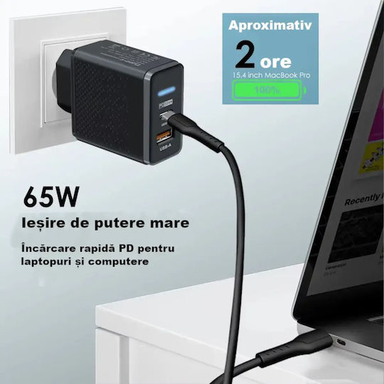 Încărcător Fără Cablu GaN cu Port USB-A și Port USB-C 65W Livrarea energiei / Quick Charge 3.0 Negruς