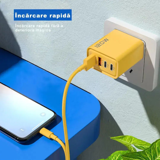 Încărcător Fără Cablu cu 2 Porturi USB-A și 2 Porturi USB-C 120W Livrarea energiei / Quick Charge 3.0 Galbenς