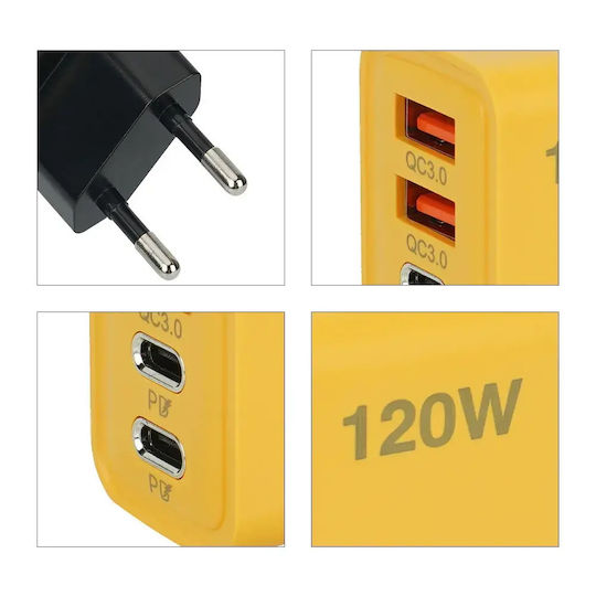 Încărcător Fără Cablu cu 2 Porturi USB-A și 2 Porturi USB-C 120W Livrarea energiei / Quick Charge 3.0 Galbenς