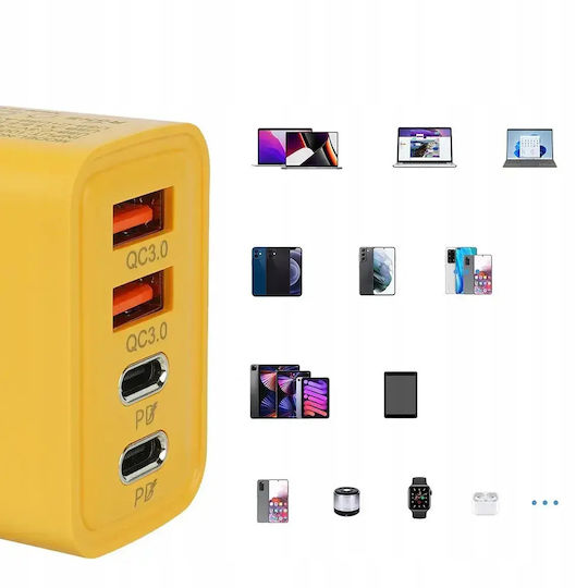 Încărcător Fără Cablu cu 2 Porturi USB-A și 2 Porturi USB-C 120W Livrarea energiei / Quick Charge 3.0 Galbenς