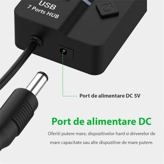 Hub USB 7 Porturi Huba2401 7 X USB 2.0 Alimentare Indicator LED Comutator Independent Negru