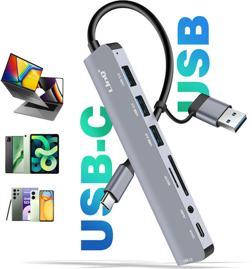 Linq USB Hub Support OTG 5 Gbps SD TF Card Reader Audio Jack 3.5mm Gray