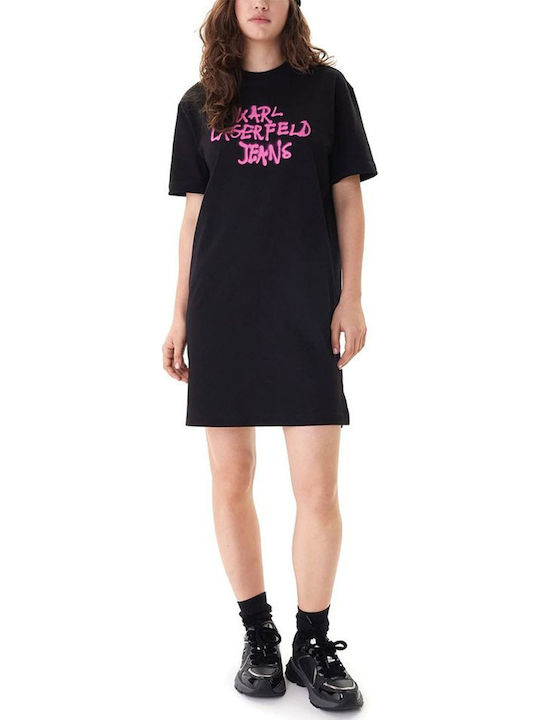 Καλοκαιρινό Mini T-shirt Φόρεμα Μαυρο- Φουξια