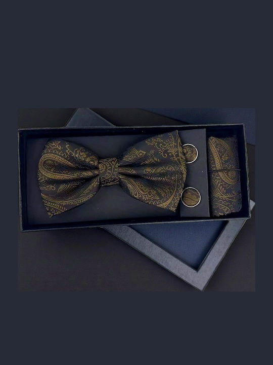 Elegant 3-piece Set Men Bow Tie Cufflinks Fabric Pocket Square Dark Green-gold