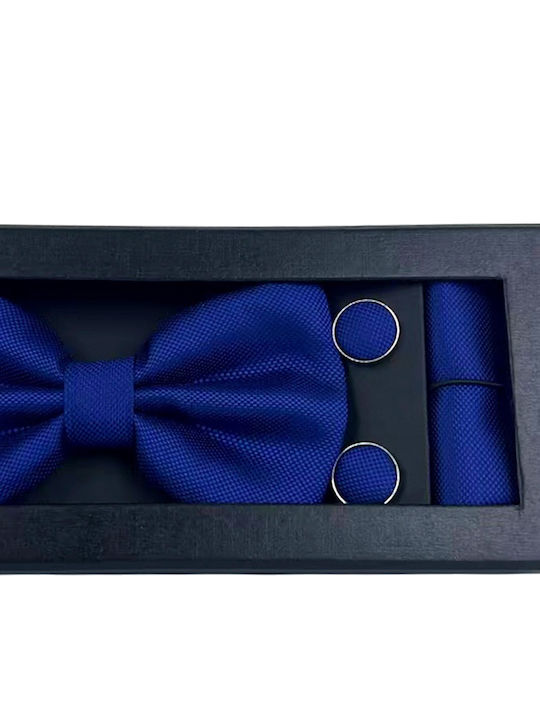 Elegant 3-Piece Set Men Bow Tie Cufflinks Fabric Handkerchief Blue