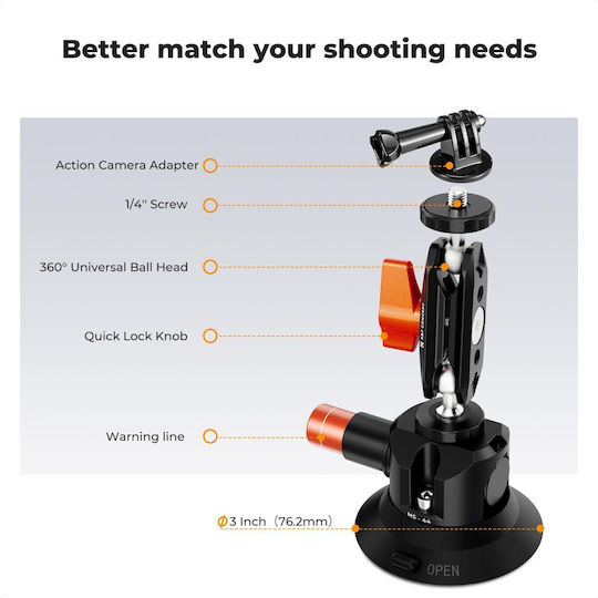 K&f Concept Ms-44 Suction Cup Camera Mount Magic Arm 3-inch Black Kf31.135