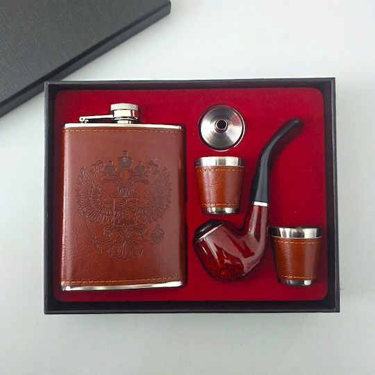 Men's Gift Set Vlv 5 Pieces Flask Pipe 2 Glasses Funnel Brown