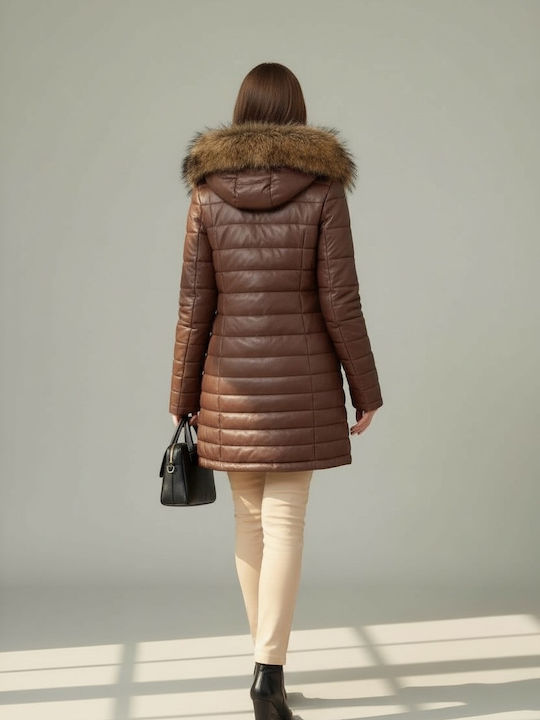 Women's Lifestyle Leather Jacket for Winter with Hood Brown