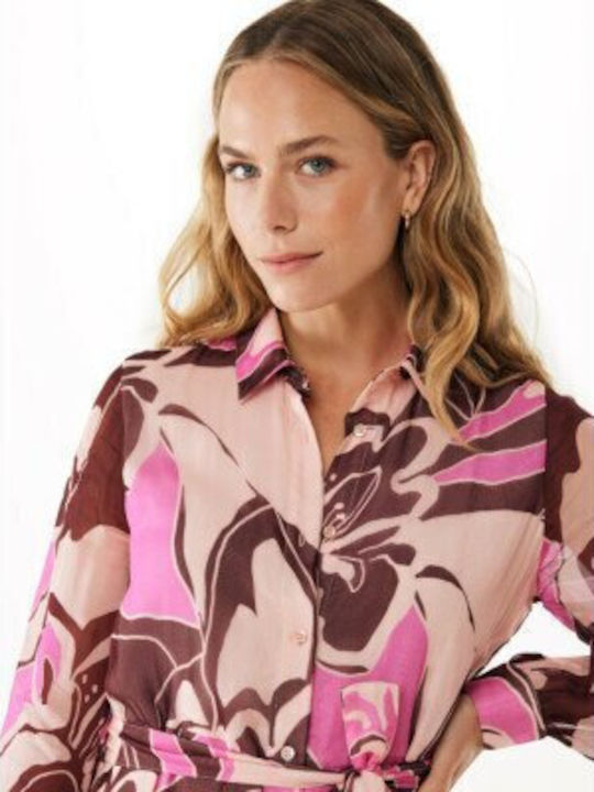 Summer Midi Shirt Dress Long Sleeve Pink