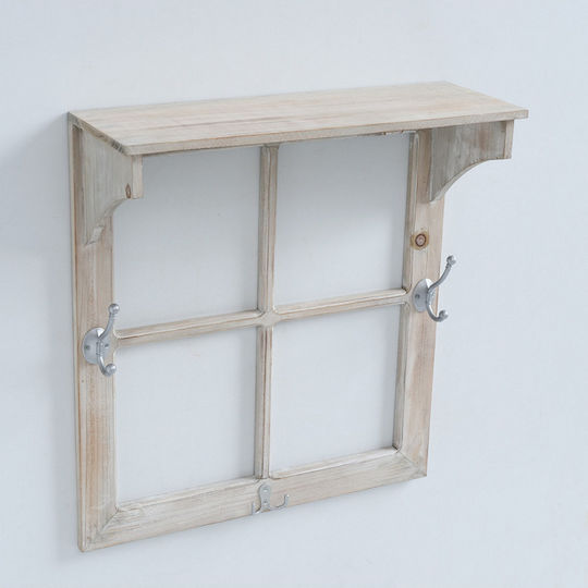 MSA Set Wooden Wall Hangers Window Shelf 12 Hooks Castle 50x20x55cm Beige White