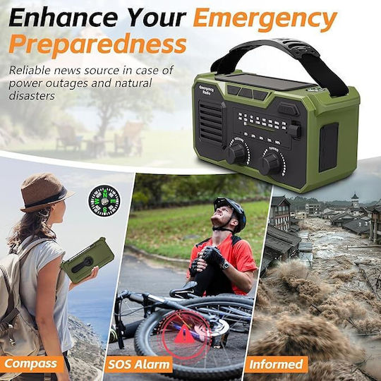 Crank Portable Radio Rechargeable with Bluetooth and USB Green