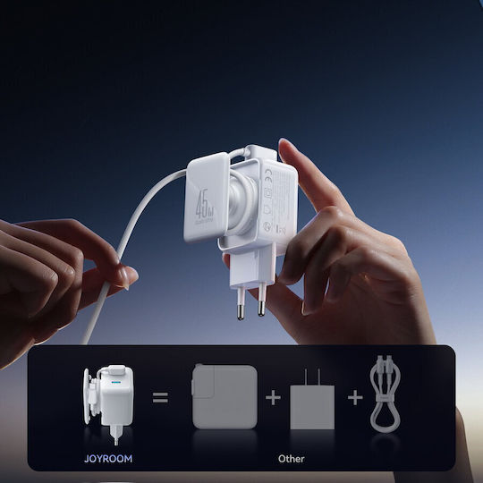 Joyroom GaN Charger with 2 USB-C Output Ports and USB-C Cable USB-C 45W Power Delivery White