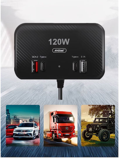 Andowl Qca40 Car Charger 120W with Ports: 2xUSB 2xType-C